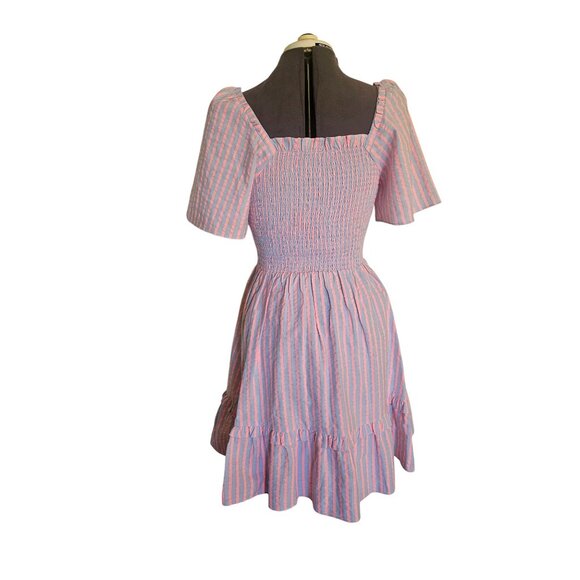 Draper James Pinstripe Fit & Flare Dress Puff Sleeve Ruffle Hem Blue & Pink Knee - Picture 2 of 12